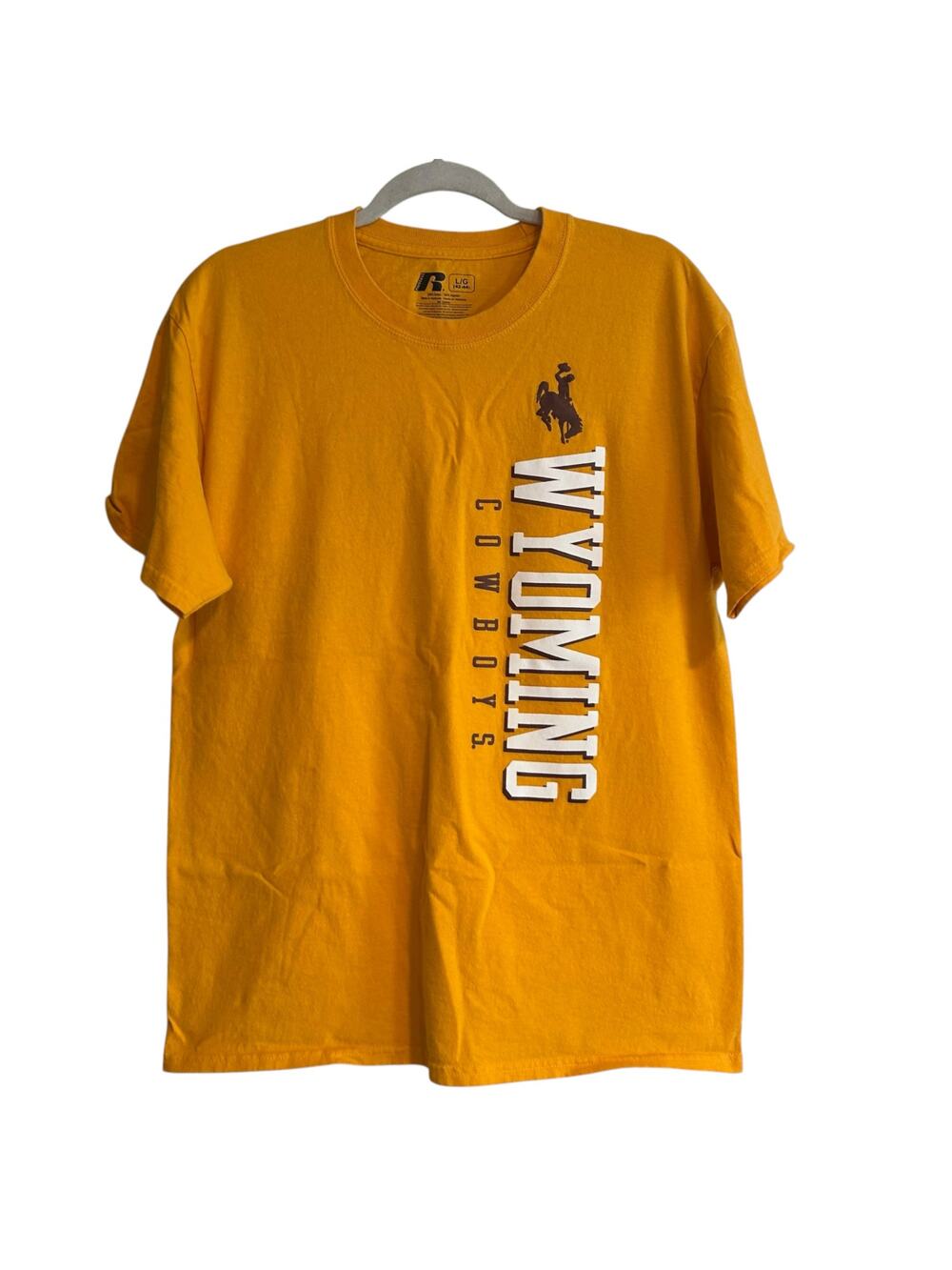 Vintage Y2K Wyoming Cowboys Russell Athletic Graphic Tee Gold Cotton L